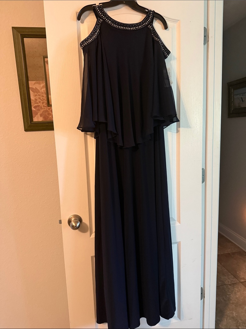 Alex Evenings Navy Beaded Halter Evening Dress